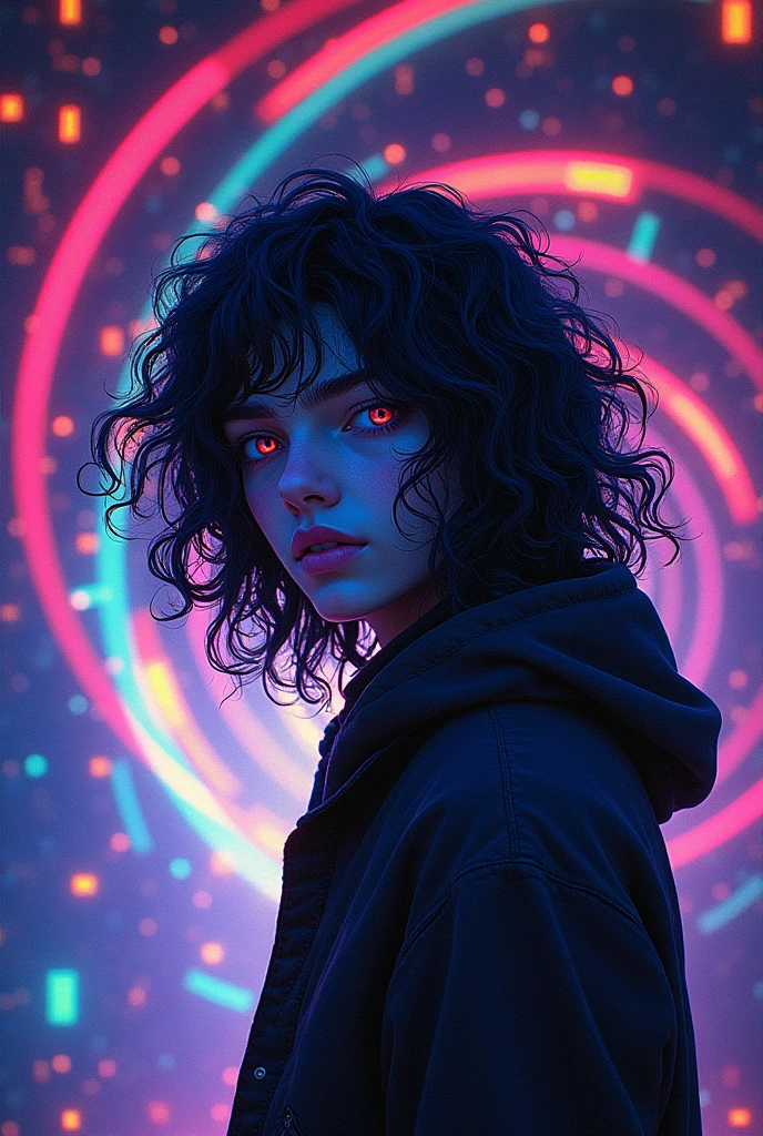 Bioluminescence [s4g0d:0.6], spiral door, portraite, [fluorescent hair:0.7], Boy Anime, brunette skin, long curly dark hair, explosion of colors through the cyberpunk style image