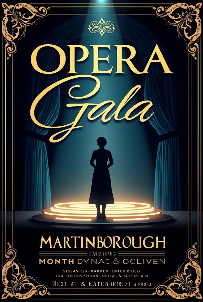 A luxurious and elegant poster design for an "Opera Gala" in Martinborough. The title "Opera Gala" is written in a classic serif font in gold, with "Martinborough" below it in a complementary serif font. The background features a deep midnight blue with subtle gradients and a faint overlay of musical notes. A central silhouette of an opera singer in a classic pose stands on an ornate opera house stage with glowing lights. The design includes date, time, and venue details in sophisticated typography. Subtle gold accents frame the design, exuding an atmosphere of grandeur and luxury. Vintage, Art Deco, classical elegance, cinematic lighting, high contrast, intricate details --ar