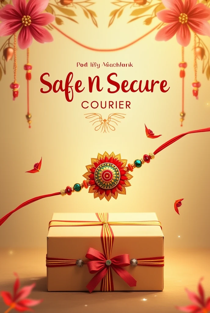 Make a poster for courier company name safe n secure courier with image of a of rakhi and also mantion a slogan