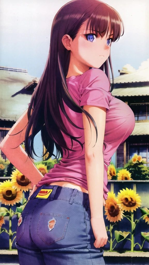 ((mizushima_asa)) (pink t-shirt, Blue Eyes, Big Breasts:1.5, short sexy jeans), sunflower garden, masterpiece, best quality