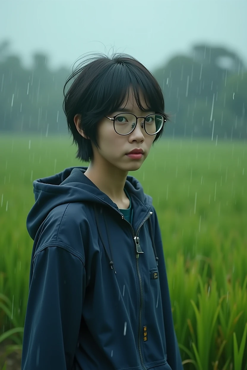 (photorealistic) realistic image of a (Asian woman), (slim build), (short hair), (white skin), (dark eyes), wearing a shirt in navy blue hoodie, walking in heavy rain with a (serious face), (wearing glasses), capturing a (Kodak color film look), featuring a (grainy texture), surrounded by a picturesque (wide rice field) under dramatic weather, atmospheric, vivid colors, natural lighting, emotionally charged ambiance.