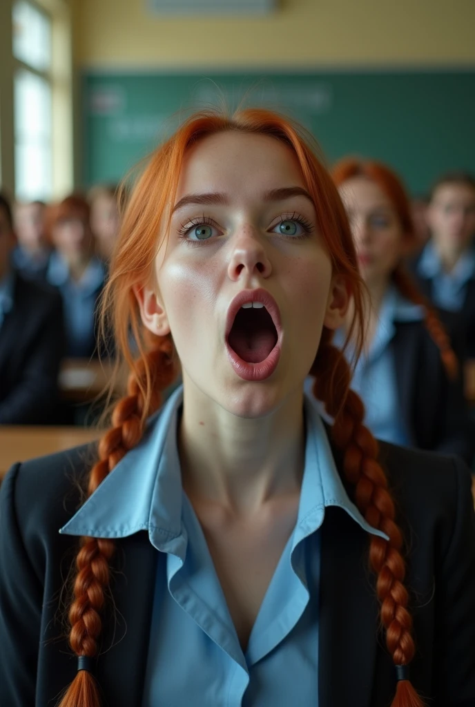 Wide angle, 1girl in focus, people in background, crowded classroom background, A woman engaged in missionary sex, she Opens mouths wide, mouth gape, vaginal creamiper, school women, guilty faces, skin imperfections, acne, chapped lips, redhead, twin braids, crowded classroom, morning, school, crowd of people, school uniforms, unbottoned blue shirts, tight shirt, alluring pose, black stockings, open jacket, sexy neckline, large neckline, 16k, photorealistic, real photo, nikon d800, photorealistic, bright lighting perfect composition, hyperrealistic, super detailed, 8k, high quality, trending art, trending on artstation, sharp focus, studio photo, intricate details, highly detailed, art by greg rutkowski