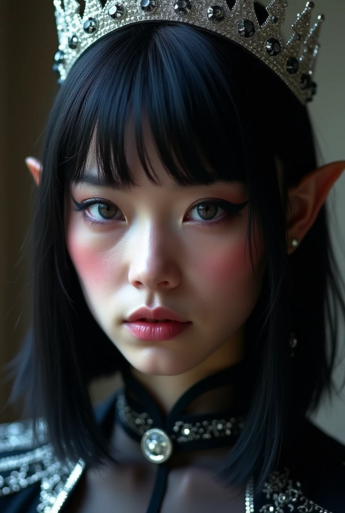 high quality portrait photo of {an elf, black straight short hair, dark reddish-purple skin, lilac eyes, black eyeliner, crystal tiara}, serious face, detailed face, skin pores, cinematic shot, close up, silver black royal regalia, high collar cloak, thirty degrees left side view