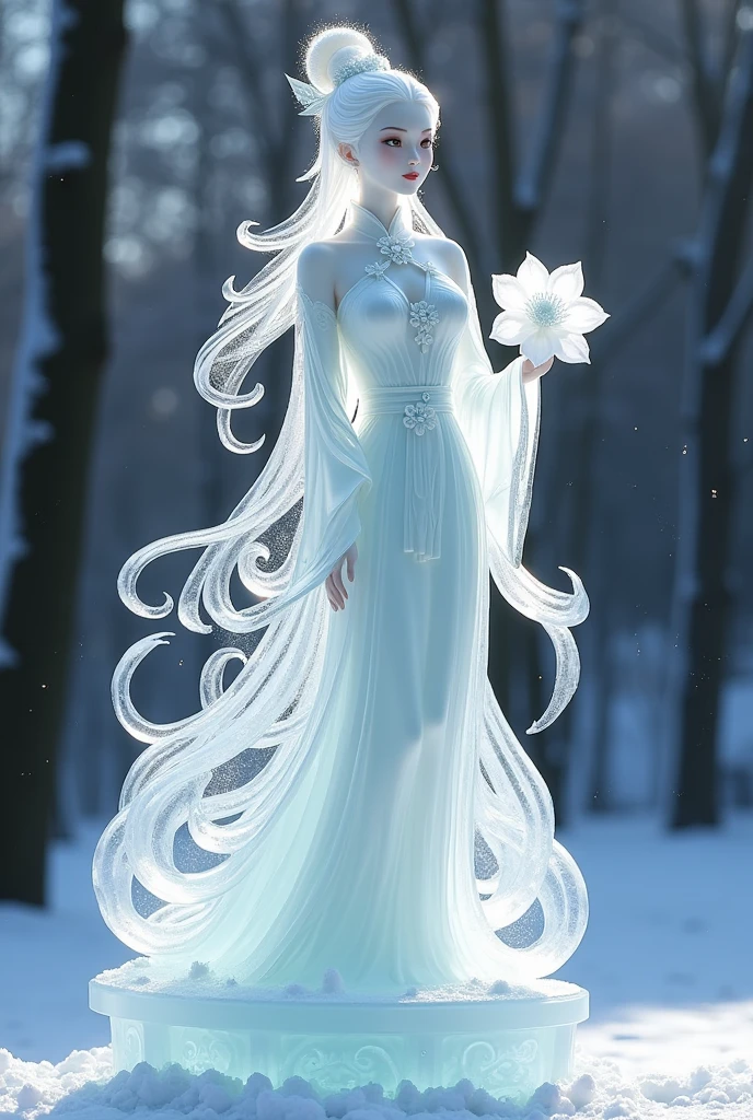 (ice - carving:1.4),Movie Angle,(Fan Bingbing, ice sculpture girl,Anatomically correct,full bodyesbian,Masterpiece ice sculpture camellia,Representative work Hanfu,Smile,sexy,full body arts,traditional arts)