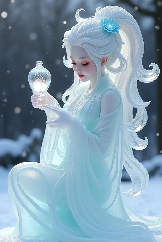 (ice - carving:1.4),Movie Angle,(Fan Bingbing, ice sculpture girl,Anatomically correct,full bodyesbian,Masterpiece ice sculpture camellia,Representative work Hanfu,Smile,sexy,full body arts,traditional arts)