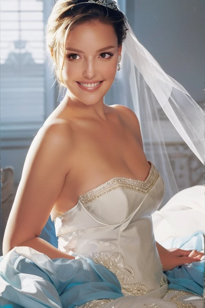 Katherine Heig, 1girl, realistic, solo, wedding dress, white dress, satin, lace, ballgown style, smiling, professional photograph, vibrant colors, balanced lighting, holding bouquet, cute, beautiful, perfect face, perfect hands , detailed, veil, tiara, hd, 8k, (masterpiece), best quality, expressive eyes, perfect face
, (ultra realistic, 8k,high quality)