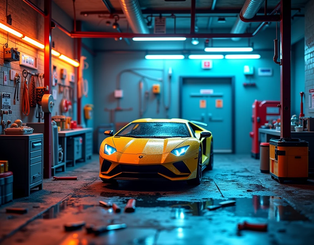 All items in a square display box create a detailed car wash toy industrial style wall spray paint vibrant contrasting colors detailed tools garage accessories cool lighting effects no car location cool indoor environment plastic texture toy mechanical style futuristic feel (repeated) industrial style