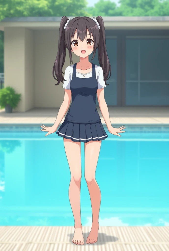 Standing by the pool at an empty school、Twin tails、Swimwear、mini skirt、Cute Face、barefoot、Smiling、Full body portrait