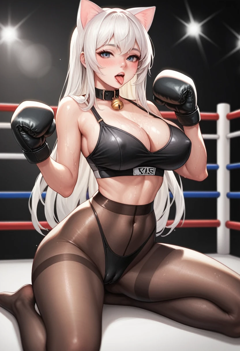 korean beautifull girl，18 years old,Cute face，Good shape，emaciated，detailed picture, Seductive expression，Stick out your tongue， blush，White long hair, Bandages，Soaked，Wear black pantyhose，No shoes, Wearing black boxing gloves，Black collar，Black sleeves on arms, Sit in the boxing ring and stretch one foot forward，Large Breasts,Cleavage,Long legs，Thin waist，nipple，Camel toe，Cat ear