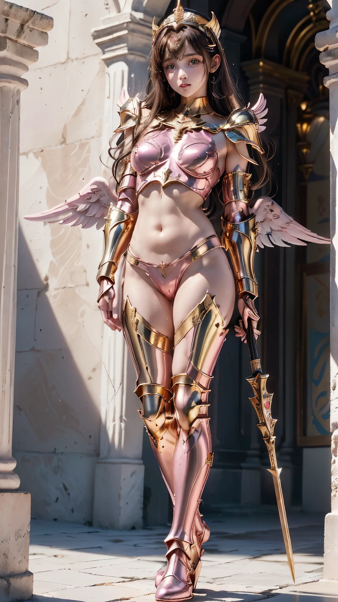 a close up of a girl in a pink costume with wings, knights of zodiac girl, elegant pink body, sleek pink armor, pink metallic goddess athena, the sailor galaxia. beautiful, venus godness athena, wearing witchblade armor, light gold armor, shiny golden bikini, angelic pink armor, pink body, golden armor, portrait knights of zodiac girl, body pink metallic armor, usando biquíni armadura, (full body:1.8), (upper body up:0.3), (hyper realistic:1.4), (realistic:1.3), (best quality real texture skin), Detailed eyes, detailed face, PERSEPHONE, (SFW:1.5) Hyperrealistic, LESS saggy breasts, (SMALL BREASTS:1.5), (HUGE LEGS:1.5), (huge huckle:1.5), (LESS THIGHS:1.5), pernas perfeitas, pernas perfeitas, pernas lisas, pernas lisas e perfeitas, pernas torneadas, coxas torneadas, pernas lisas, coxas lisas. (pose erótica:1.5), (sobrancelhas espessas:1.5), (Grandes olhos roxos:1.5), (olhos ultra detalhados:1.5), (Olhos de alta resolução:1.1), (textura de pele ultra detalhada:1.4), (Belo corpo tonificado:1.5), arco de cabelo, (Pele úmida:1.0), (rosto sensual:1.8),
