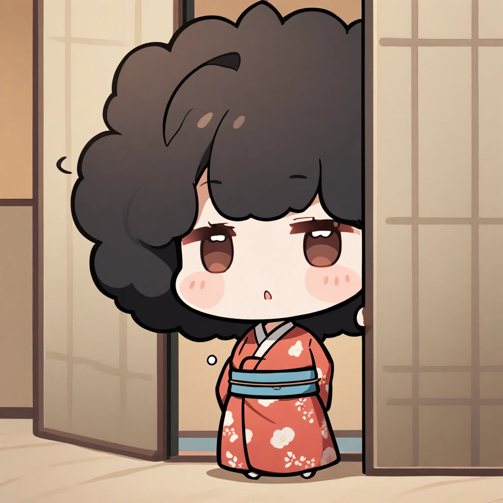 A girl with an afro hair and a kimono peeks out from behind a shoji wall.、Chibi Character、Ahoge、Black Hair、