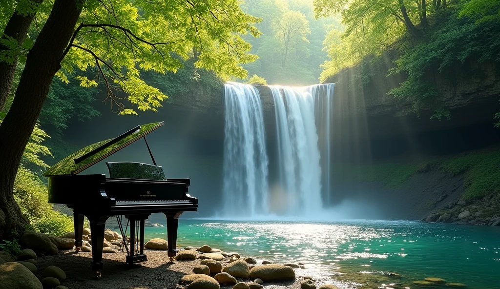 「A beautiful waterfall in the forest、There is a black grand piano。Water from the waterfall flows over the rocks、The piano sits quietly by the water.。Sunshine on the trees々Plug in from between、The light reflects off the piano and the water surface.、There is a fantastic and peaceful atmosphere in the air。Lush greenery and clear water flow、It creates a beautiful contrast with the black color of the piano.。」