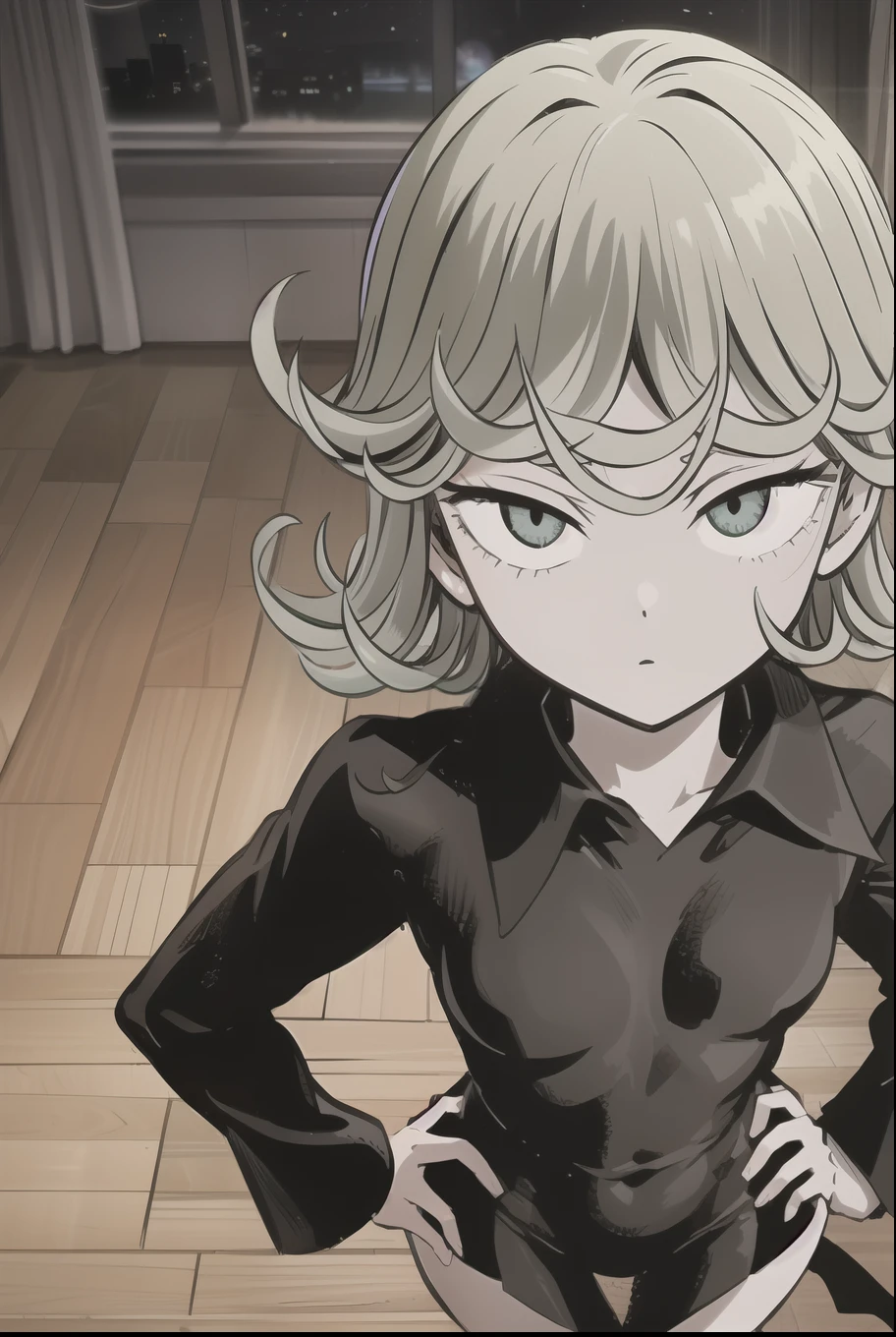 High resolution, Very detailed, Tatsumaki Tornado, Short green hair, Curly Hair, Black Dress, Long sleeve, indoor(The lights are out),moonlight, From above、(Focus on the face)、Place one hand on hip、get closer、Looking into the camera