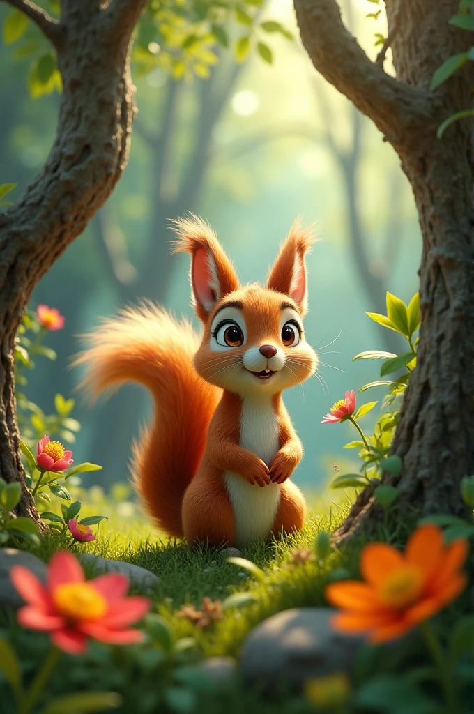 A squirrel with bright eyes and a fluffy tail is in the forest surrounded by trees and flowers.