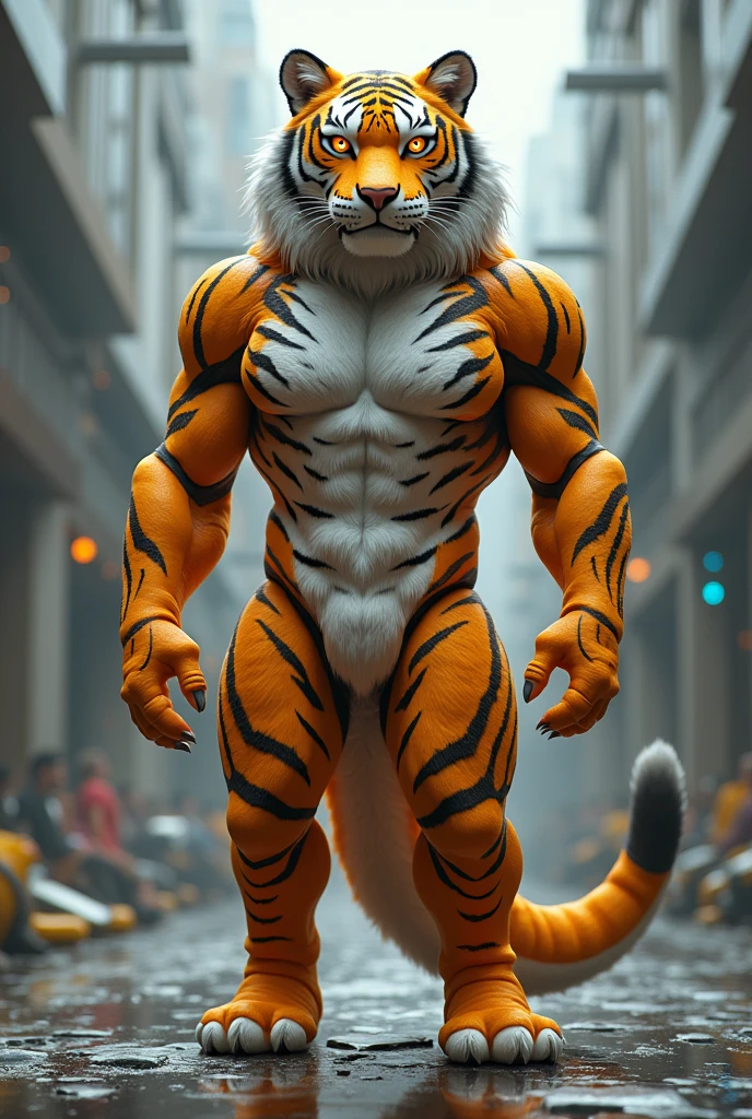 Tiger mascot, year 2070, year 2024, time related, time travel, big mascot, full body, props