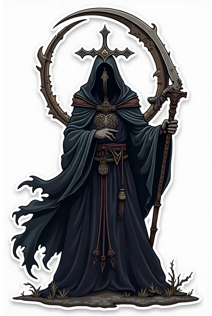 Vector art design for sticker of: Reaper in，scyscraper，wearing cross crown of the dark lord, king of angmar, lord of the rings, touch of death, Taoist robes，cultivating immortal，white background