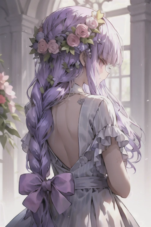 Soft Light, One girl, alone, Braiding, Long Hair, flower, hair ornaments, Purple Hair, hair flower, Recall, From behind, bow, View your viewers, dress, bangs, hair bow, Side Lock, 頭flower輪, Red eyes, pink flower, Upper Body, masterpiece, Highest quality,