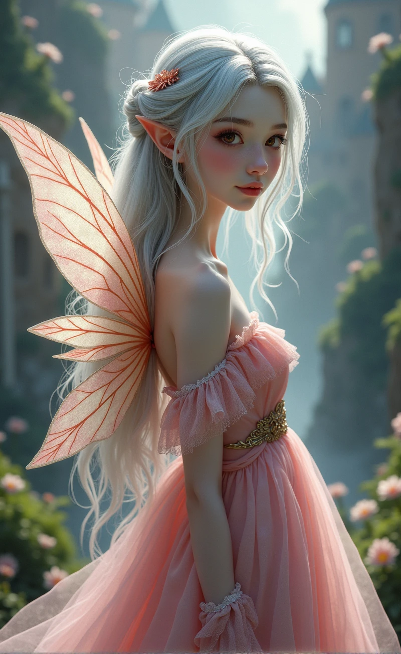 "High-quality, 8K Ultra HD, hyper-realistic portrait of a captivating woman.A mysteriously enchanting young fairy with cascading silver locks, a porcelain complexion, and eyes that sparkle like hazel gems, stands elegantly next to a majestic castle. Dressed in a delicate pink flowing dress, she exudes an air of ethereal beauty. This vivid portrait, whether painted or photographed, captures her captivating presence with exquisite details and expertly rendered textures. An epitome of grace and elegance, it evokes a sense of otherworldly enchantment, making the viewer feel as if they have entered a fairy tale."