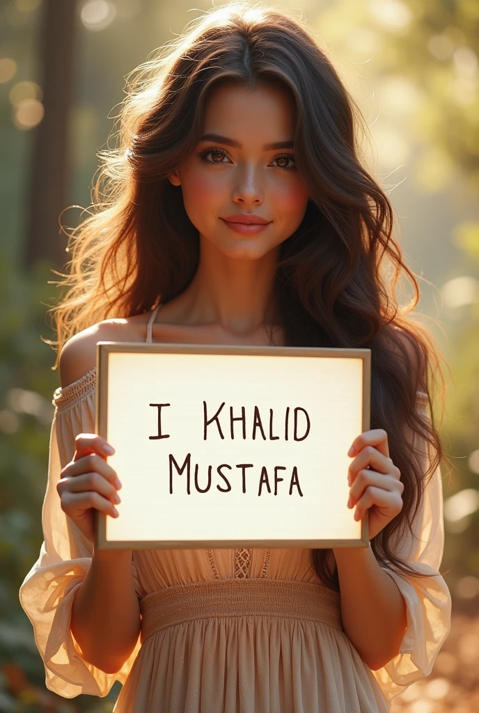 Beautiful girl with wavy long hair, bohemian dress, holding a white board with text "I Love Khalid Mustafa" and showing it to the viewer