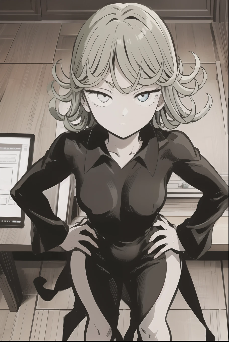 High resolution, Very detailed, Tatsumaki Tornado, Short green hair, Curly Hair, Black Dress, Long sleeve, indoor,moonlight, From above、(Focus on the face)、Place one hand on hip、get closer、Looking into the camera、Smile、Thumbs up to the camera、sexy