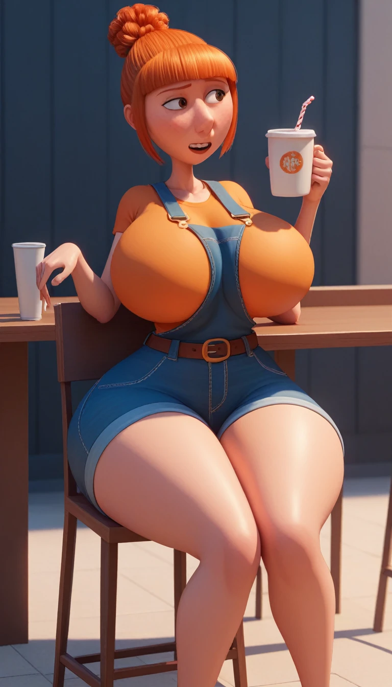 despicable me:1.3,3D:1.1, 1mlhuer:1.1, blue denim overalls:1.1 ,Lucy:1.1, glad:1.5,hair orange, huge breasts, thin thighs, Wide hips, thin belt, huge ass, thin legs, thin arms, public, sitting on the chair, open legs, holding a cup