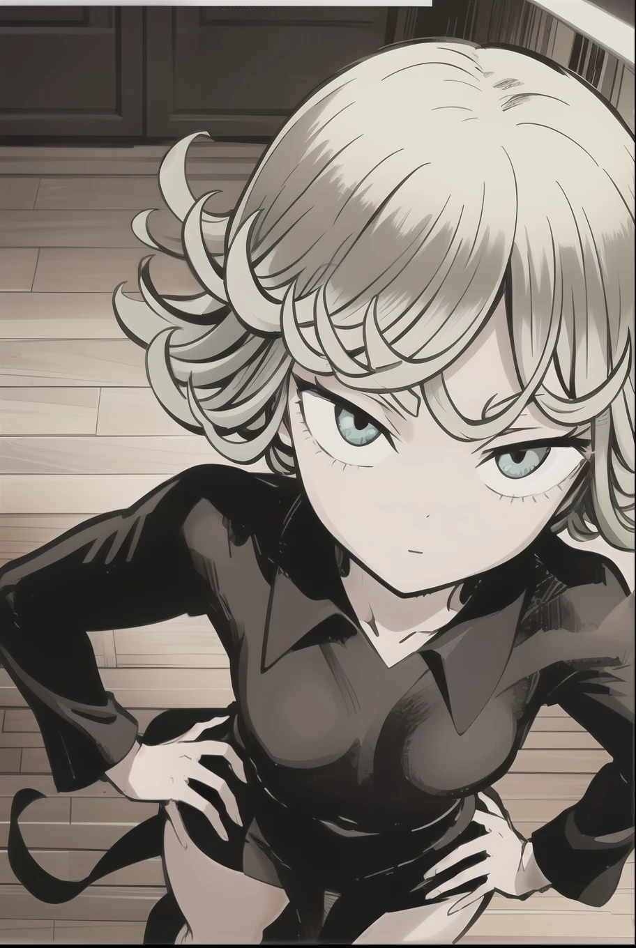 High resolution, Very detailed, Tatsumaki Tornado, Short green hair, Curly Hair, Black Dress, Long sleeve, indoor,moonlight, From above、(Focus on the face)、Place one hand on hip、get closer、Looking into the camera