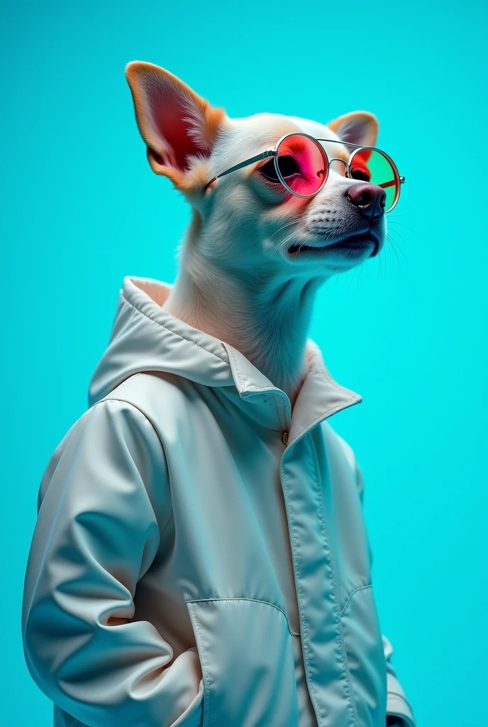 The best cell phone wallpaper, Award-Winning Wallpaper, portrait photography, In the front view is a portrait of a cute dog wearing mid-1960s space age fashion, Side view photo, Shot with Canon EOS R5, Set a strong contrast that accentuates the subject, Fluorescent blue tone, Wearing a very modern coat and sunglasses is a modern 1960s style, Clothes all in one color, beautiful background