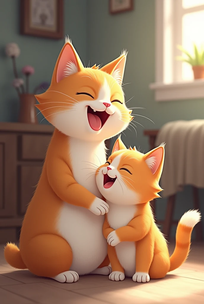 Female cat teaching male cat to laugh realistic