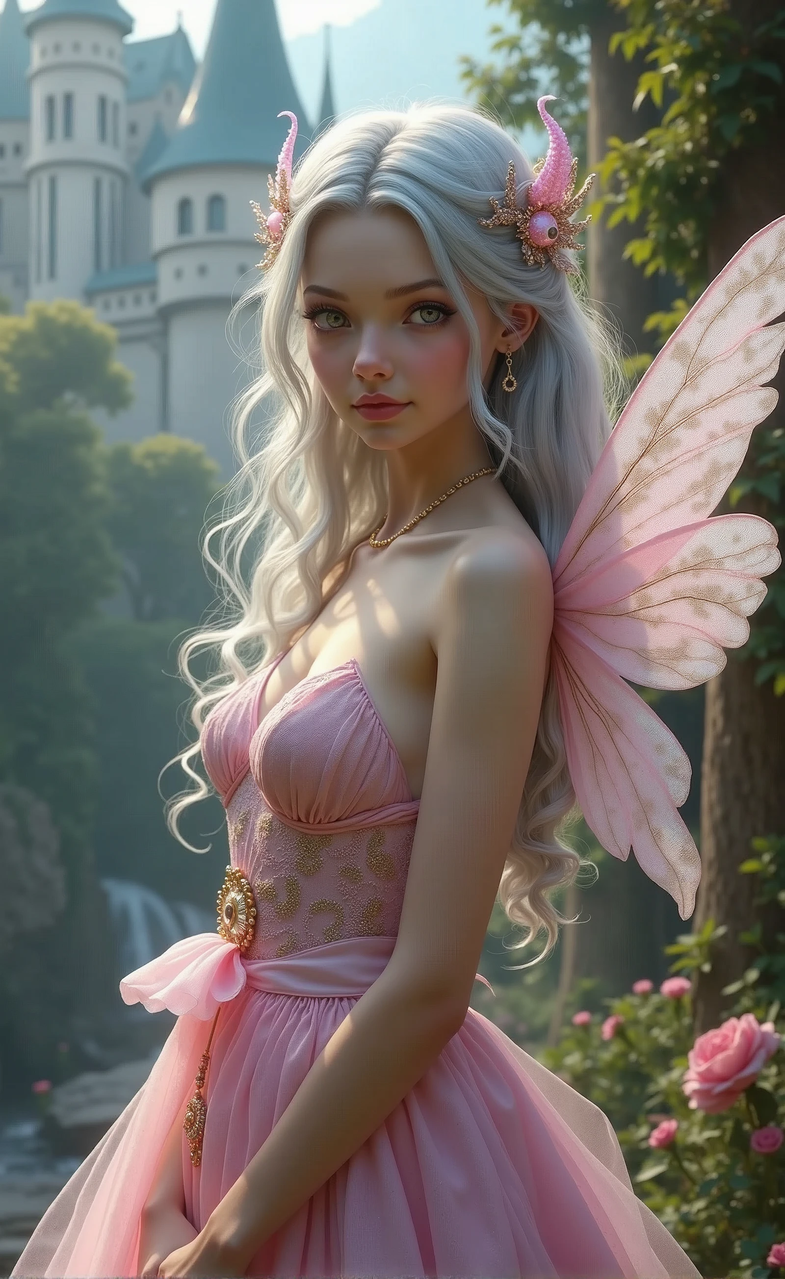 "High-quality, 8K Ultra HD, hyper-realistic portrait of a captivating woman.A mysteriously enchanting young fairy with cascading silver locks, a porcelain complexion, and eyes that sparkle like hazel gems, stands elegantly next to a majestic castle. Dressed in a delicate pink flowing dress, she exudes an air of ethereal beauty. This vivid portrait, whether painted or photographed, captures her captivating presence with exquisite details and expertly rendered textures. An epitome of grace and elegance, it evokes a sense of otherworldly enchantment, making the viewer feel as if they have entered a fairy tale."