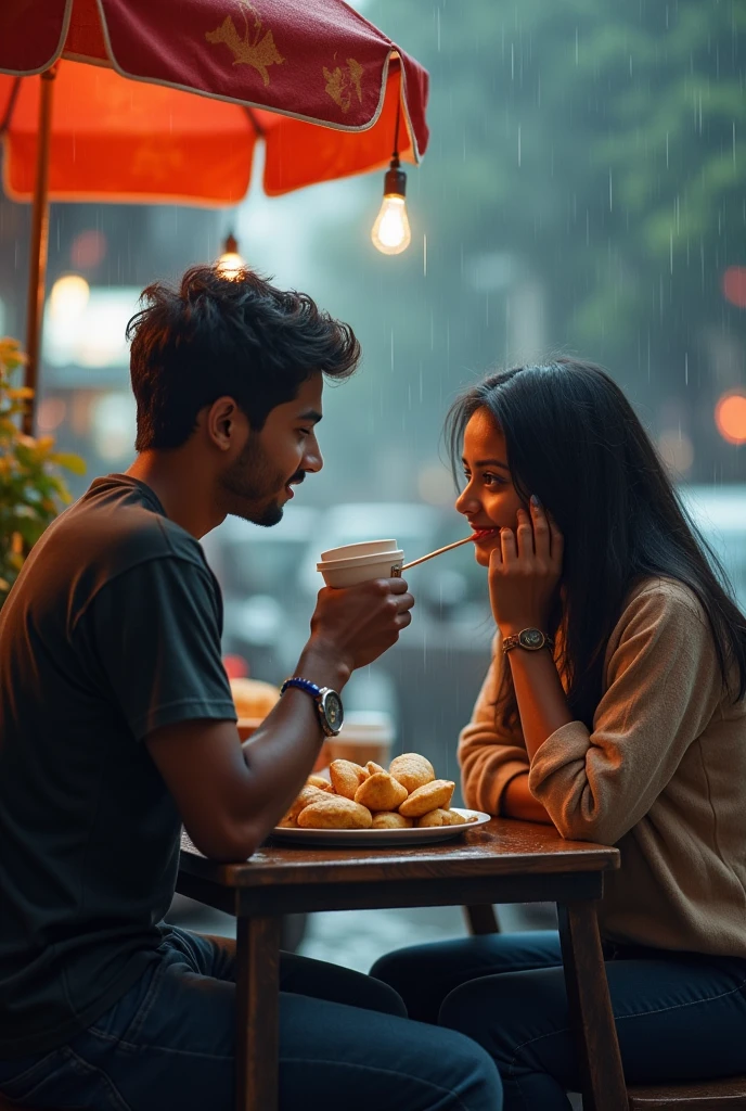 A boy age 27 south India from andhrapradesh wear jeans and t-shirt dusky skin and he came to a coffee shop and there was a girl age 25 north India from mumbai looks very modern she wears western dress looks very beautiful and active. both of them are having pain puri in streets at panipuri cart. full of clouds and raining.
