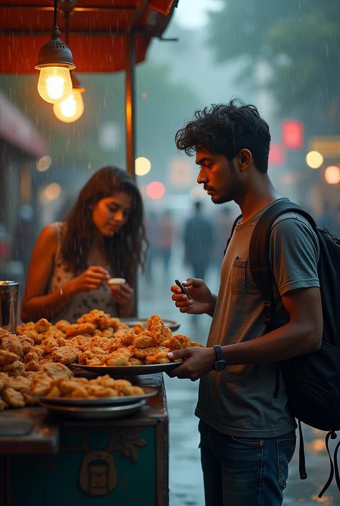 A boy age 27 south India from andhrapradesh wear jeans and t-shirt dusky skin and he came to a coffee shop and there was a girl age 25 north India from mumbai looks very modern she wears western dress looks very beautiful and active. both of them are having pain puri in streets at panipuri cart. full of clouds and raining.
