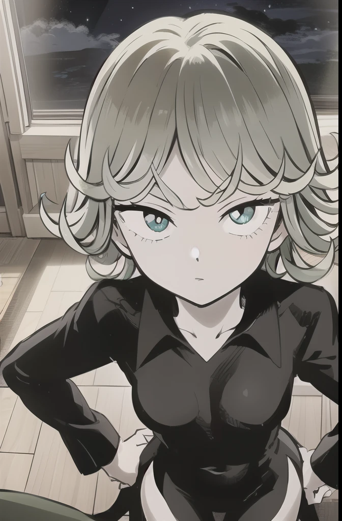 High resolution, Very detailed, Tatsumaki Tornado, Short green hair, Curly Hair, Black Dress, Long sleeve, indoor,moonlight,night、 From above、(Focus on the face)、Place one hand on hip、get closer、Looking into the camera