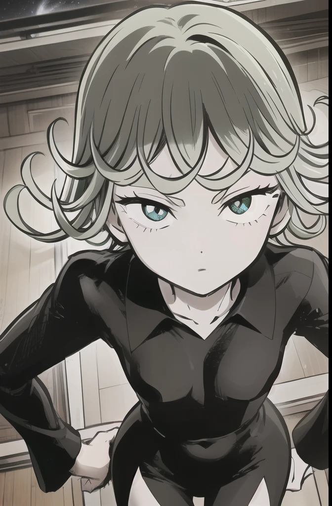 High resolution, Very detailed, Tatsumaki Tornado, Short green hair, Curly Hair, Black Dress, Long sleeve, indoor,moonlight,night、 From above、(Focus on the face)、Place one hand on hip、get closer、Looking into the camera