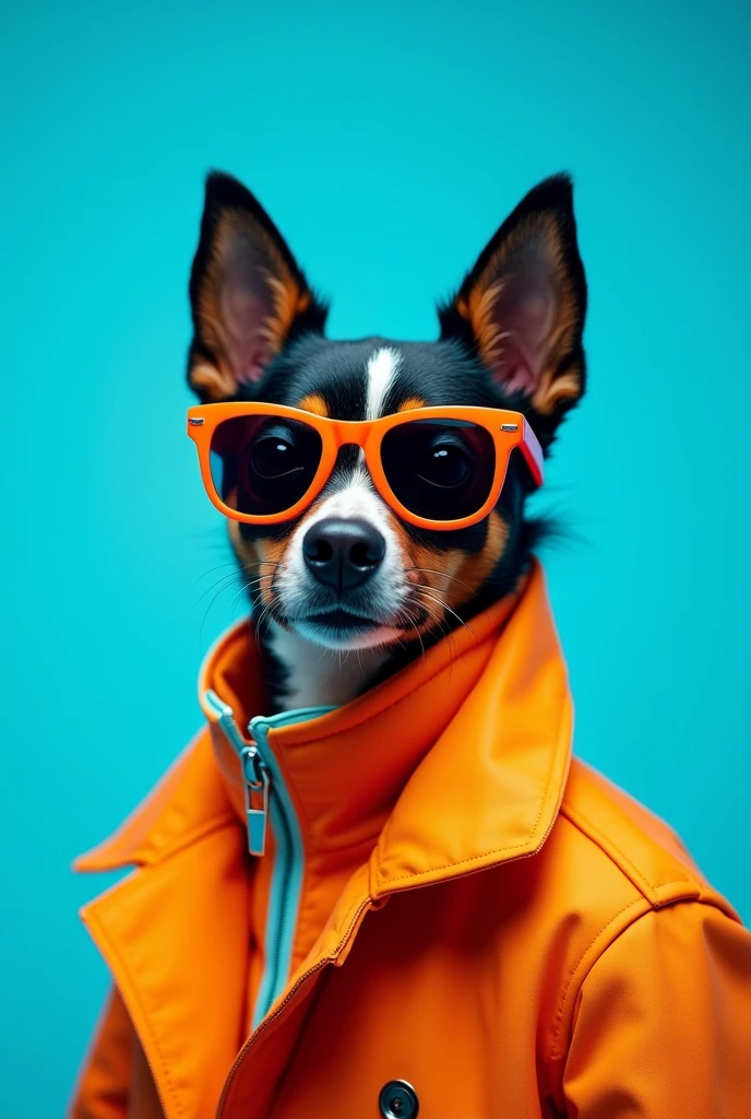 The best cell phone wallpaper, Award-Winning Wallpaper, portrait photography, In the front view is a portrait of a cute dog wearing mid-1960s space age fashion, Side view photo, Shot with Canon EOS R5, Set a strong contrast that accentuates the subject, Fluorescent blue tone, Wearing a very modern coat and sunglasses is a modern 1960s style, Clothes all in one color, beautiful background