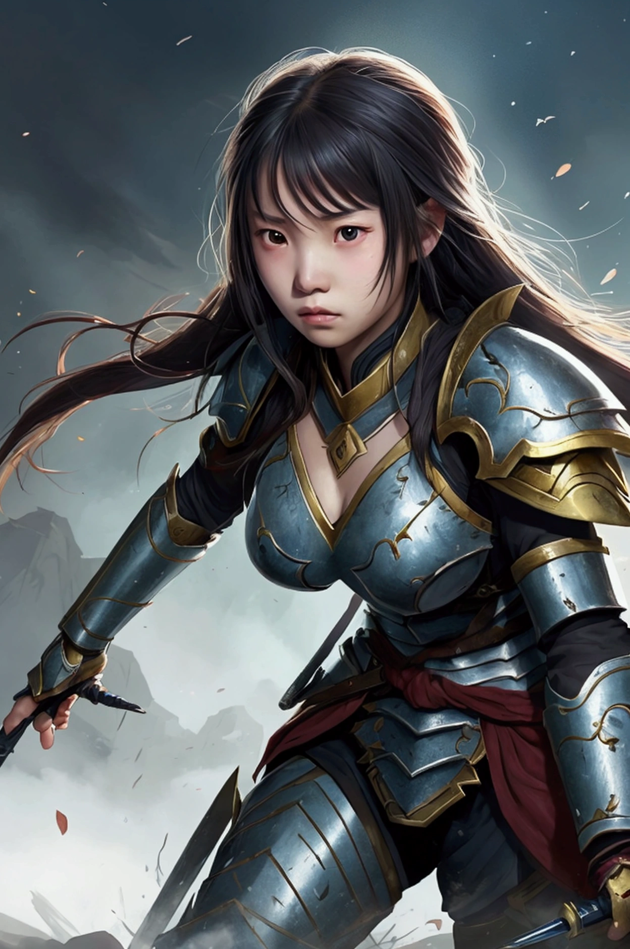 A fantasy illustration of a young Asian girl in battle, looking visibly distressed and struggling. Her armor shows signs of severe damage with slight. She is at the moment of being captured by enemies.