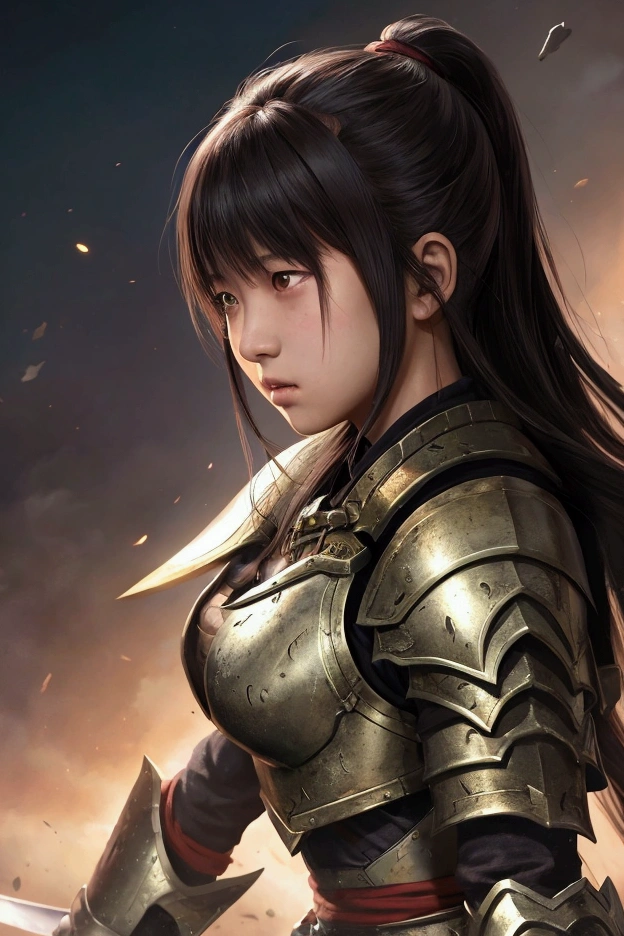 A fantasy illustration of a young Asian girl in battle, looking visibly distressed and struggling. Her armor shows signs of severe damage with slight. She is at the moment of being captured by enemies. 