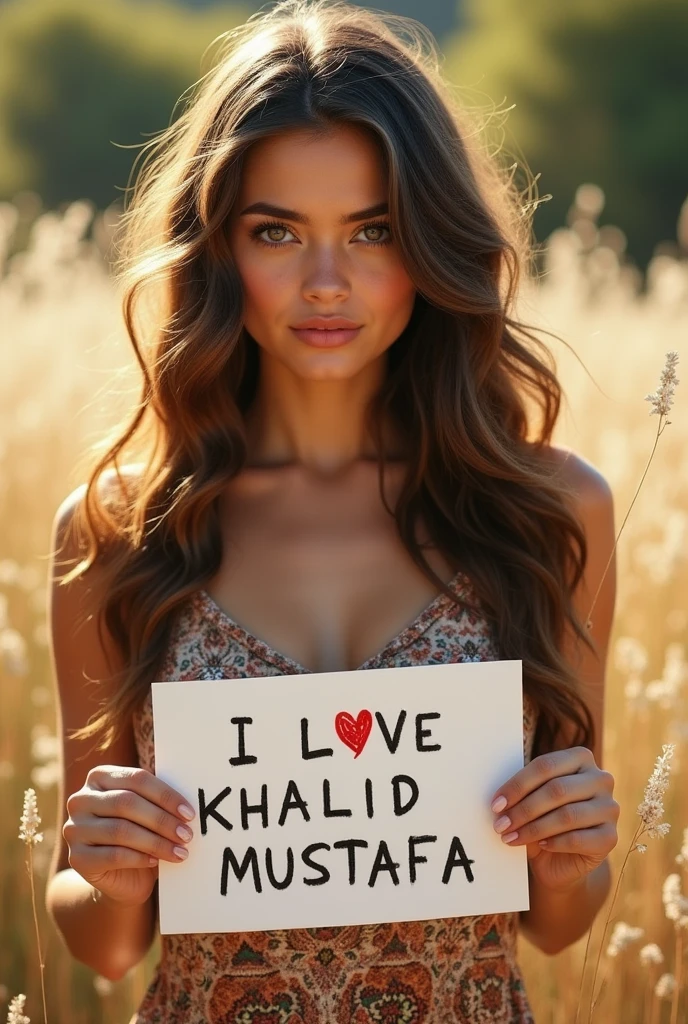 Beautiful hot and sexy girl with wavy long hair, bohemian dress, holding a white board with text "I Love Khalid Mustafa" and showing it to the viewer