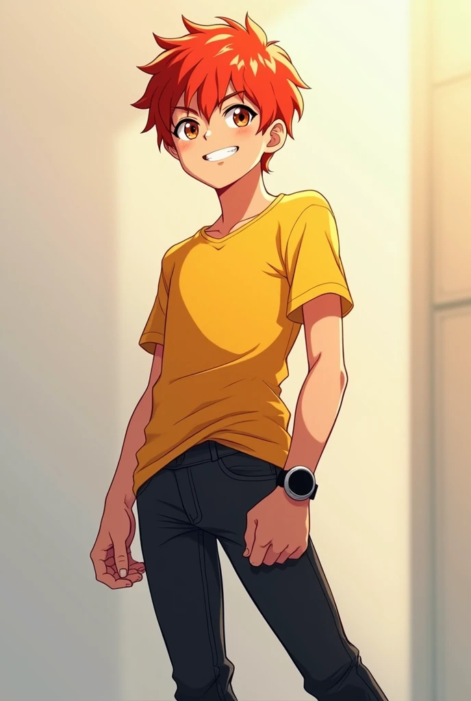 Anime boy red hair black shue yellow t shirt black jeans