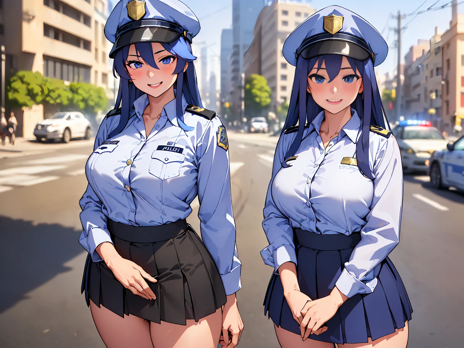 (masterpiece:1.2, Highest quality), (Realistic, photoRealistic:1.4),Beautiful illustrations,(Natural Side Lighting, Cinema Lighting),1 female,Japanese,Mature Woman,smile,Female police officer on patrol,20-year-old,Perfect Face, Symmetrical face, Glowing Skin,Blue Hair,Big eyes,Sexy Eyes,(smile),(whole body),break((Police Officer Shirt)),((Tight mini skirt))(Police hat),(The background is a street corner:1.5),(((Background Blur:1.5))),((Police uniform)),(((Standing posture)))