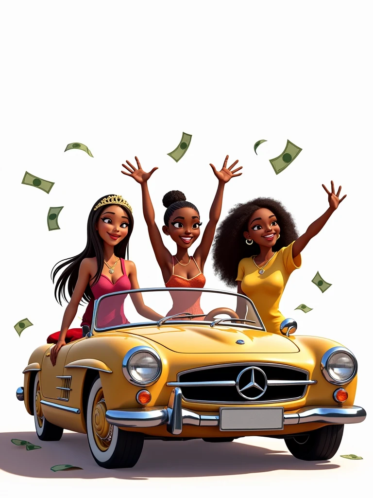Princess Tiana, wearing casual clothes, in a Mercedes Benz without a roof, with her friends, with some money, throwing her hands in the air, white wallpaper, simple look, regular person, cartoon vision, Disney vision