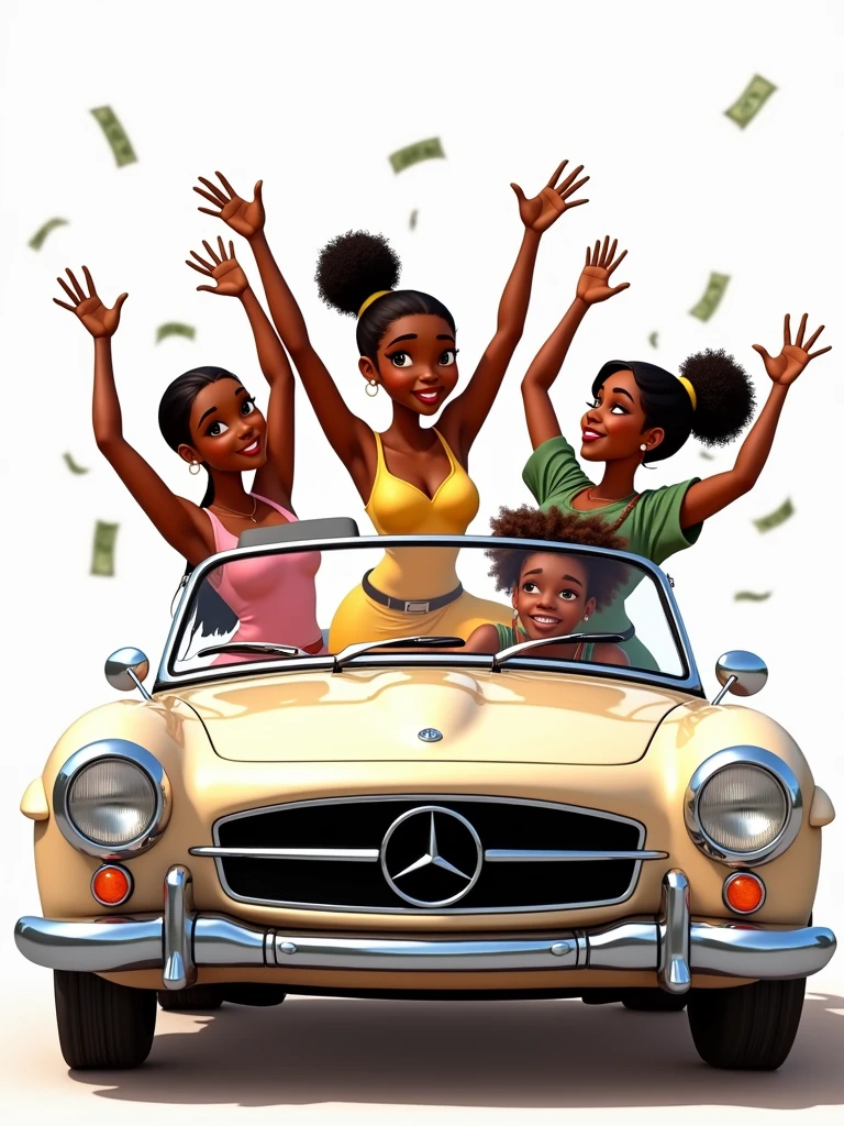 Princess Tiana, wearing casual clothes, in a Mercedes Benz without a roof, with her friends, with some money, throwing her hands in the air, white wallpaper, simple look, regular person, cartoon vision, Disney vision