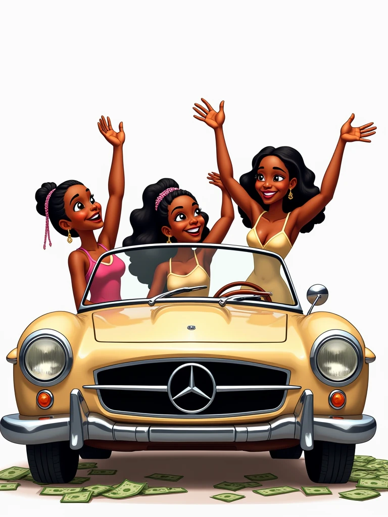 Princess Tiana, wearing casual clothes, in a Mercedes Benz without a roof, with her friends, with some money, throwing her hands in the air, white wallpaper, simple look, regular person, cartoon vision, Disney vision