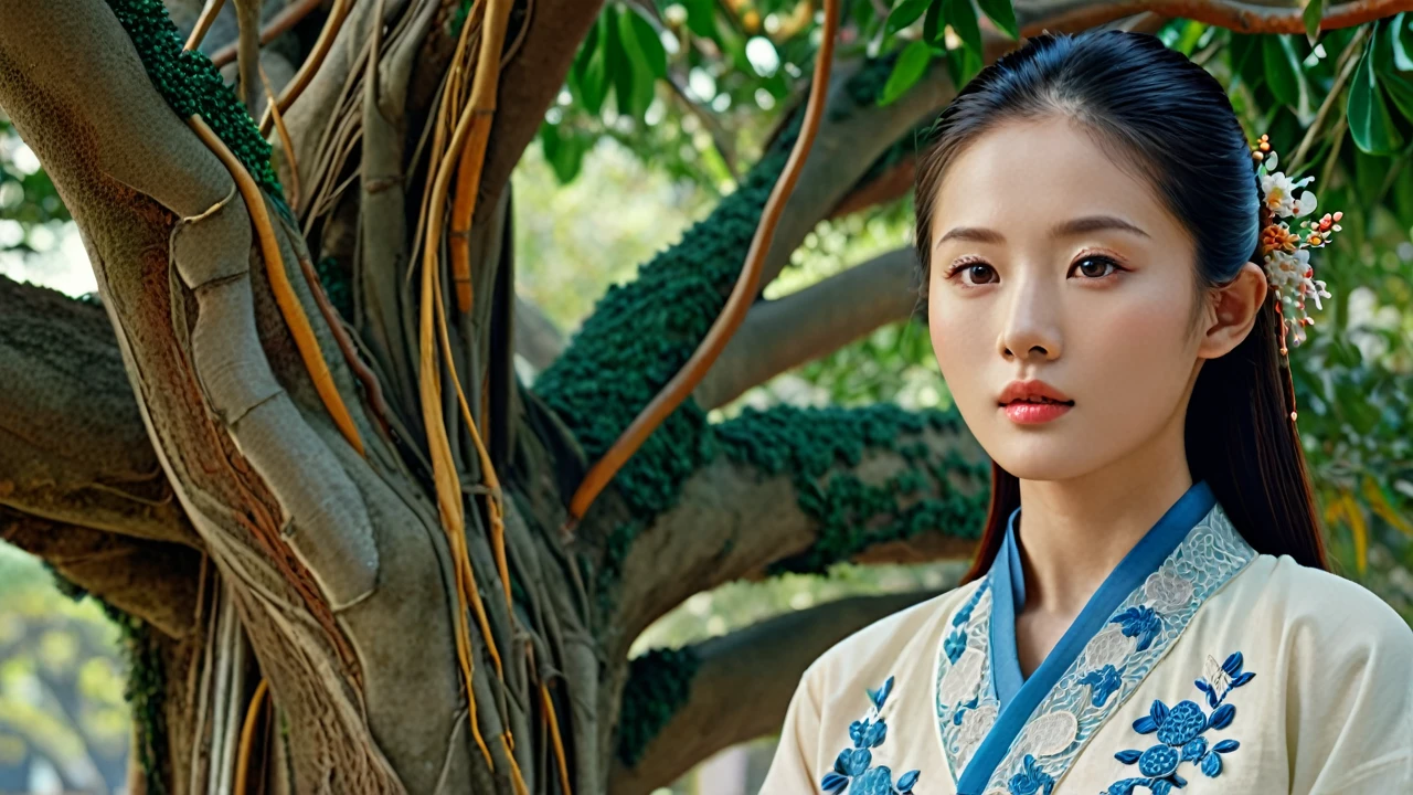 masterpiece, high quality animation, hyper-realistic aesthetic photo, (HDR:1.2), pore and detailed, intricately detailed, graceful and beautiful textures, RAW photo, 16K, sharp focus, cinematic lighting, (vivid colors), (crisp details), taipei women, embroidery skills, Under the banyan tree