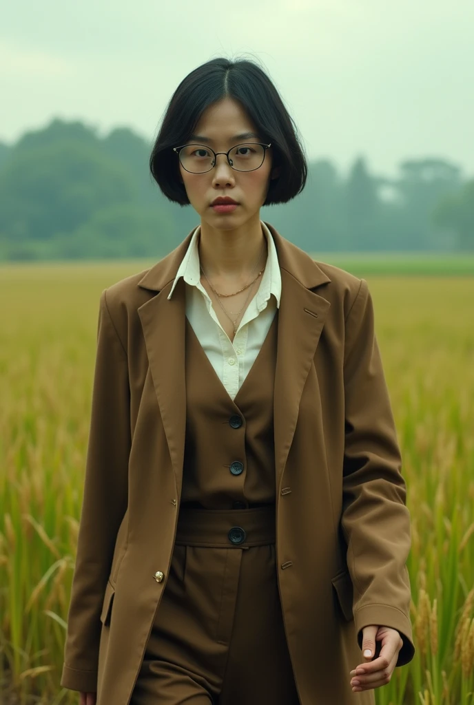 (photorealistic) realistic image of a (Asian woman), (slim build), (short hair), (white skin), (dark eyes), wearing a (brown suit) and (vintage coat), walking in south east asia city with a (serious face), (wearing glasses), capturing a (Kodak color film look), featuring a (grainy texture), surrounded by a picturesque (wide rice field) under dramatic weather, atmospheric, vivid colors, natural lighting, emotionally charged ambiance.