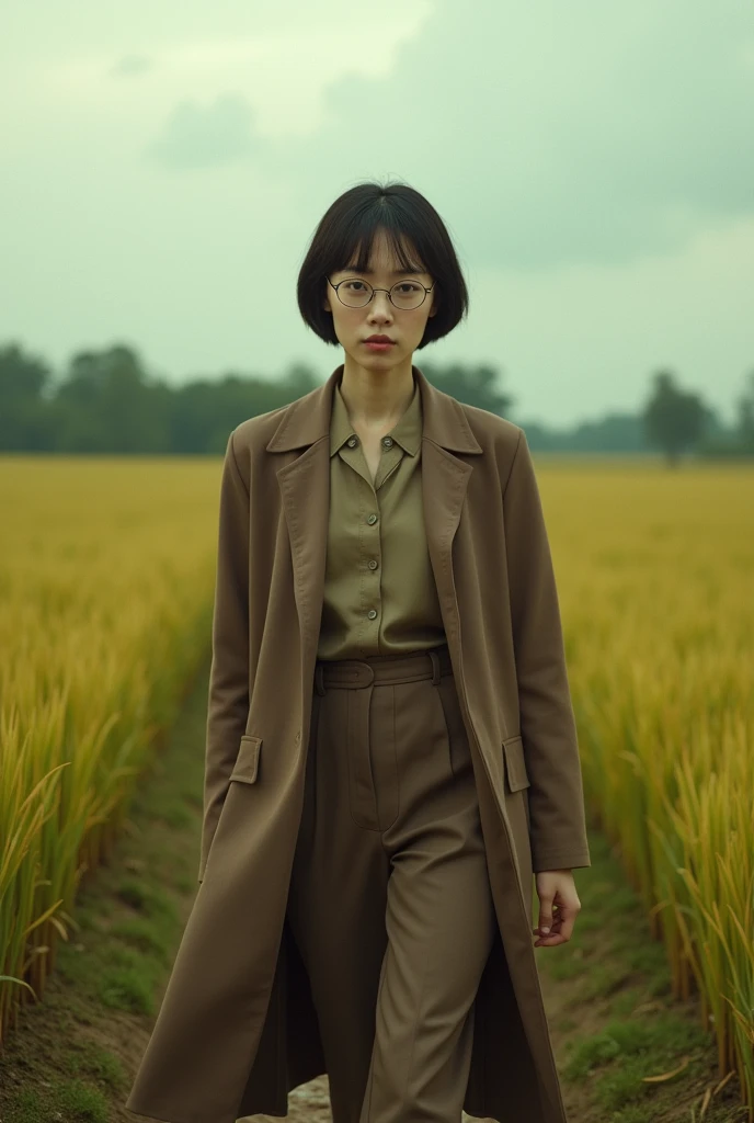 (photorealistic) realistic image of a (Asian woman), (slim build), (short hair), (white skin), (dark eyes), wearing a (brown suit) and (vintage coat), walking in south east asia city with a (serious face), (wearing glasses), capturing a (Kodak color film look), featuring a (grainy texture), surrounded by a picturesque (wide rice field) under dramatic weather, atmospheric, vivid colors, natural lighting, emotionally charged ambiance.