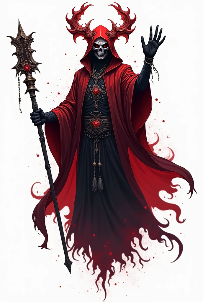 Vector art design for sticker of: floating Reaper ,scyscraper, crown of the dark lord, king of angmar, lord of the rings, touch of death, bloody red Taoist robes,cultivating immortal,white background