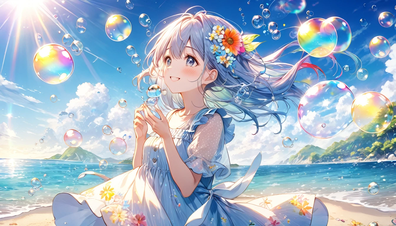 **253. One person。Girl blowing bubbles on the beach。Fantasy+Sparkling。 Medium shot or long shot。 masterpiece, best quality, ultra detailed (Soap bubble reflection), (Emotional), (Summer Magic), (main part: 1.2 Whole body。), (Anime Style), (Very detailed), (Light and fun), (超High resolution, High resolution), (8k), (High resolution: 1.2), (Complex and beautiful: 1.2)** - background: Sandy beach and blue sky、A beach where soap bubbles fly in the wind。 - character: Girl in summer dress、Blowing small soap bubbles。 -pose: Open your hands、The moment soap bubbles fly into the sky。 -expression: Smiling, watching the soap bubbles fly。 - Effects: Soap bubbles shine with rainbow colors in the sunlight。 -color: Bright blue and pastel colors、A color tone that gives off the transparency of soap bubbles。