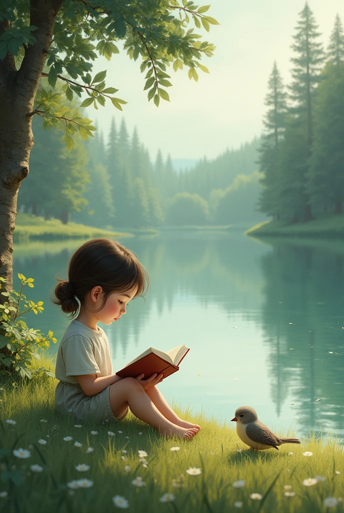 A girl and a little bird quietly reading a book by the lake