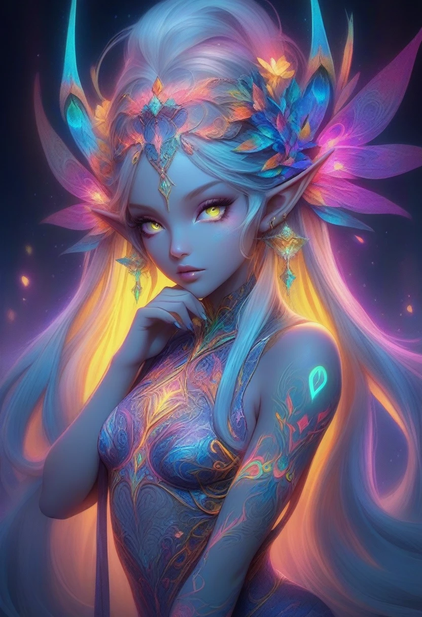 A seductive elf with neon accents features prominently in the concept art, drawing attention with her alluring gaze and intricate tattoos. This visually striking image, likely a digital painting, showcases her mysterious beauty and otherworldly charm through vibrant colors and intricate details. Every aspect of her appearance, from the ethereal glow of her skin to the mesmerizing patterns of her attire, is rendered with unparalleled skill and precision. The overall composition exudes a sense of enchantment and allure, inviting viewers to immerse themselves in the fantastical world of the elf