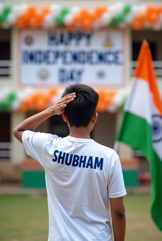 3.A patriotic 18-year-old boy named Arjun stands proudly in front of his school, saluting the Indian tricolor flag. He's wearing a white t- shirt with "SHUBHAM printed on the back in bold blue letters. The school building is decorated with orange, white, and green balloons. A large banner reads "HAPPY INDEPENDENCE DAY" in the background. 4K image.